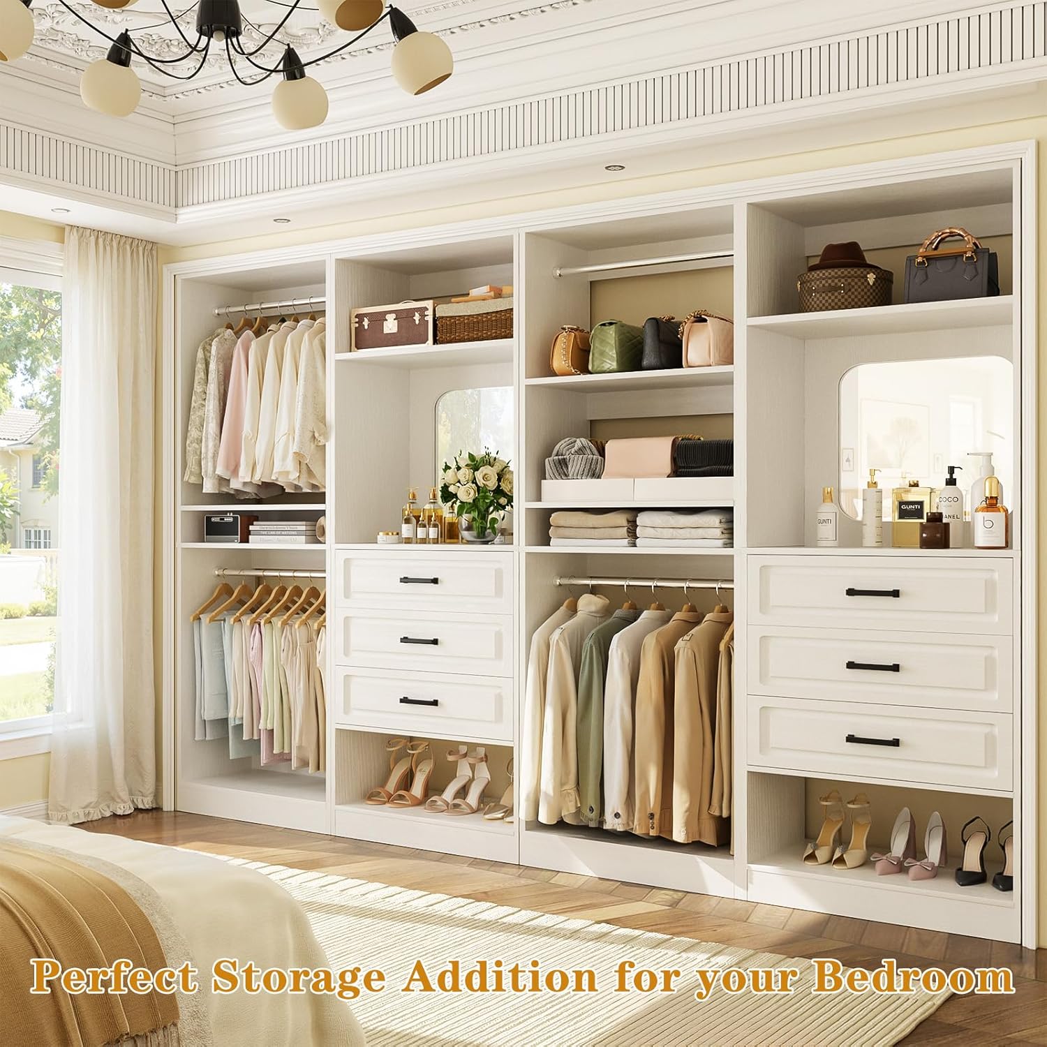 Unikito Closet System Review: Honest Verdict & Pros Cons 2 Unikito closet system review unboxing – all components of the 100-inch closet organizer including towers, drawers, mirror, and hardware